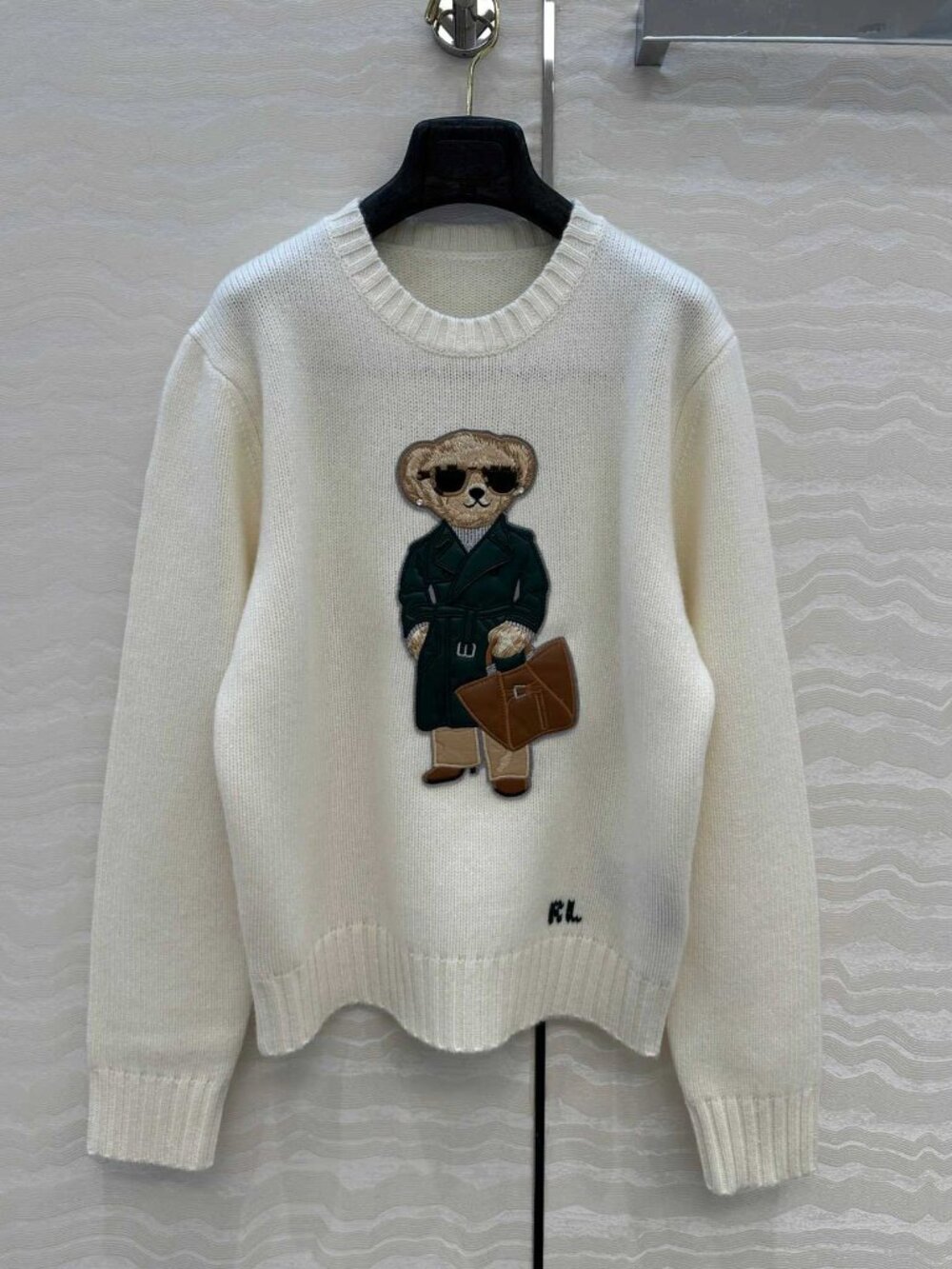 Polo Ralph Lauren Cream White Fancy Trench Coat Bear Embroidery Crewneck Sweater